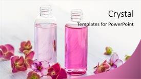  Presentation with natural skincare - PPT theme consisting of natural skincare products - bottles of essential aromatic oils background and a  colored foreground