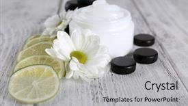  Presentation with natural skincare - PPT theme consisting of natural skincare products - cosmetic cream with slices background and a light gray colored foreground