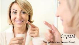  Presentation with cosmetic dan kecantikan - Cool new PPT theme with natural skincare products - senior woman applying cosmetic cream backdrop and a lemonade colored foreground