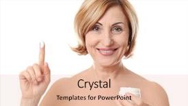  Presentation with cosmetic - Theme with natural skincare products - senior woman with cosmetic cream background and a lemonade colored foreground