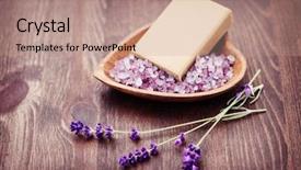  Presentation with natural soap - Slide deck with natural soap and bowl of lavender bath salt - beauty treatment shallow dof background and a coral colored foreground