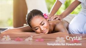  Presentation with woman - Cool new PPT theme with natural spa resort - smiling woman enjoying a massage backdrop and a coral colored foreground