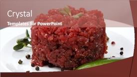  Presentation with hamburger - Theme featuring natural very big raw hamburger cutlet with sprouts and chili pepper on white plate over black background background and a coral colored foreground