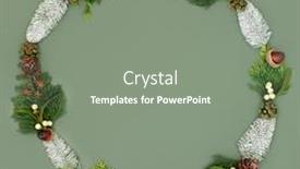  Presentation with cedar - Slide set with natural winter wreath with snow covered spruce fir mistletoe acorns cedar leaves and ivy of pale green background with copy space background and a gray colored foreground