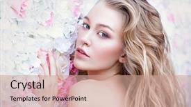  Presentation with cosmetics natural - Theme enhanced with nature - beautiful romantic young woman background and a coral colored foreground