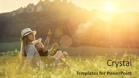  Presentation with green mountains - Presentation design featuring nature - happiness mother and son seating background and a yellow colored foreground