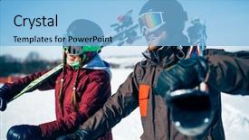  Presentation with female - Slide set with nature based - male and female skiers poses background and a light blue colored foreground