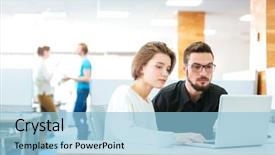  Presentation with working together - Beautiful presentation theme featuring nature business - serious focused young man backdrop and a light blue colored foreground