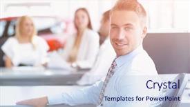  Presentation with desk - Slide deck enhanced with nature corporate - portrait of confident businessman sitting background and a  colored foreground