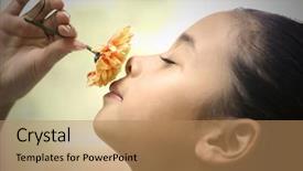  Presentation with appreciating - Presentation featuring healing touch - young girl appreciating the beauty background and a coral colored foreground