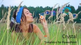 Presentation with soap - PPT theme consisting of nature energy - attractive young girl inflating soap-bubbles background and a  colored foreground