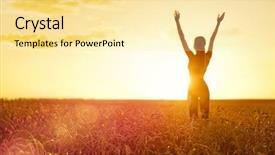  Presentation with green soccer field sport - Cool new theme with nature energy - young sporty woman at sunset backdrop and a blonde colored foreground