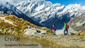  Presentation with walking trail - Colorful PPT theme enhanced with nature hikers in new zealand backdrop and a gold colored foreground