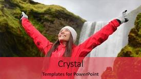  Presentation with waterfall woman - Presentation with nature landscape on golden circle background and a red colored foreground