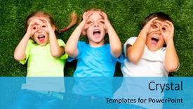  Presentation with green grass texture in soccer - Presentation design consisting of nature meadow - small kids lie background and a teal colored foreground