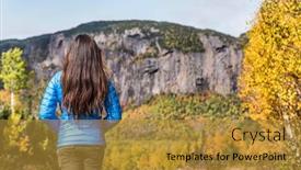  Presentation with fall down - Theme with nature outdoors travel woman mountain lifestyle unrecognizable brunette hiking girl wearing blue down jacket relaxing looking at view of fall season scenic landscape at park during camping trip background and a gold colored foreground