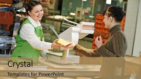  Presentation with retail food - Cool new PPT theme with nature people retail marketing - sales assistant in supermarket demonstrating backdrop and a coral colored foreground