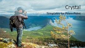  Presentation with mountain top - PPT theme with nature photographer tourist with camera background and a  colored foreground