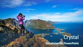  Presentation with tv show studio camera - Slides with nature photographer tourist with camera background and a ocean colored foreground