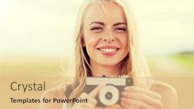  Presentation with camera film - Cool new slide set with nature summer holidays vacation and people concept - happy smiling young woman with film camera outdoors backdrop and a coral colored foreground