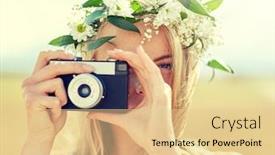  Presentation with camera film - Beautiful slide deck featuring nature summer holidays vacation and people concept - close up of happy woman in wreath of flowers taking picture with film camera outdoors backdrop and a lemonade colored foreground