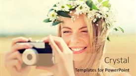 Presentation with camera film - Presentation design featuring nature summer holidays vacation and people concept - happy woman in wreath of flowers taking picture with film camera outdoors background and a coral colored foreground