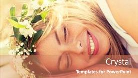  Presentation with happy holidays - Presentation theme with nature summer holidays vacation and people concept - happy smiling woman in wreath of flowers lying background and a coral colored foreground