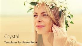  Presentation with happy holidays - Colorful slide set enhanced with nature summer holidays vacation and people concept - face of happy woman in wreath of flowers backdrop and a lemonade colored foreground