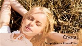  Presentation with hay field - Slides enhanced with nature summer holidays vacation and people concept - happy young woman lying and enjoying sun on cereal field or hay background and a coral colored foreground