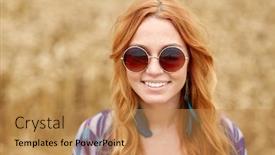  Presentation with hippie - Theme enhanced with nature summer youth culture and people concept - smiling young redhead hippie woman in sunglasses outdoors background and a coral colored foreground