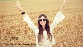  Presentation with hippie - Slides consisting of nature summer youth culture and people concept - smiling young hippie woman in sunglasses on cereal field background and a coral colored foreground