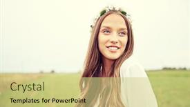  Presentation with hippie - Slide set consisting of nature summer youth culture and people concept - smiling young hippie woman wearing flower wreath on cereal field background and a soft green colored foreground