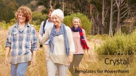  Presentation with walking together - Presentation design with grandmother walking through a forest background and a gold colored foreground