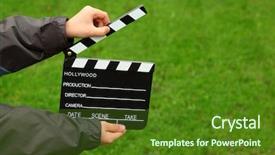  Presentation with clapper - Colorful PPT theme enhanced with black people film - cinema clapper board in hands backdrop and a tawny brown colored foreground
