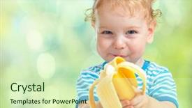  Presentation with fruit banana - Slide set enhanced with nature yellow - happy kid eating banana fruit background and a soft green colored foreground