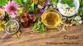  Presentation with dried herbs and dried flowers - PPT theme having naturopathy - cup of herbal tea background and a coral colored foreground