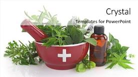  Presentation with essential oil - Beautiful presentation theme featuring naturopathy - mortar with medicine cross fresh backdrop and a white colored foreground