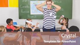  Presentation with school kids - Cool new PPT theme with naughty baby - school kids throwing paper balls backdrop and a coral colored foreground