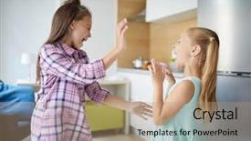  Presentation with youthful - Audience pleasing presentation design consisting of naughty child - two youthful ecstatic girls expressing backdrop and a coral colored foreground