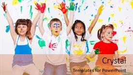  Presentation with students - Beautiful PPT theme featuring naughty child - excited junior students with hands backdrop and a yellow colored foreground