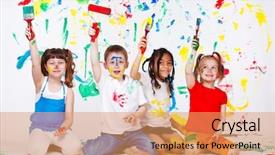  Presentation with preschool - PPT layouts having naughty child - four excited preschool friends painting background and a coral colored foreground