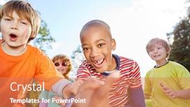  Presentation with play children - Slide deck enhanced with naughty children as friends play together on a meadow in summer background and a coral colored foreground