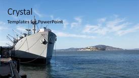  Presentation with dock - Presentation theme having naval battle - war ship at dock background and a  colored foreground