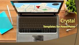  Presentation with gps - Slide set having navigation location and technology concept - close up of laptop computer with gps navigator map on screen on wooden table background and a tawny brown colored foreground