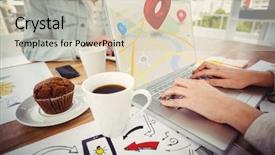  Presentation with pointer - Presentation with close-up of navigation pointer against creative business team working together background and a soft green colored foreground