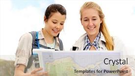  Presentation with hiking - Colorful presentation design enhanced with navigational maps - two cheerful women hiking outdoors backdrop and a soft green colored foreground