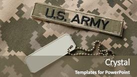  Presentation with fabric - Presentation design enhanced with silver navy - soldier's token on camouflage fabric background and a tawny brown colored foreground