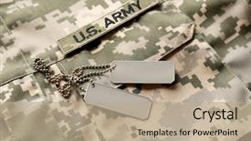  Presentation with fabric - Presentation having silver navy - soldier's tokens on camouflage fabric background and a coral colored foreground