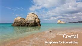  Presentation with beautiful skin and beach - Audience pleasing slides consisting of navy blue yellow - beautiful beach of praia da backdrop and a  colored foreground