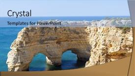  Presentation with doors to beach scene - Presentation design with navy blue yellow - cliffs at the beach praia background and a  colored foreground